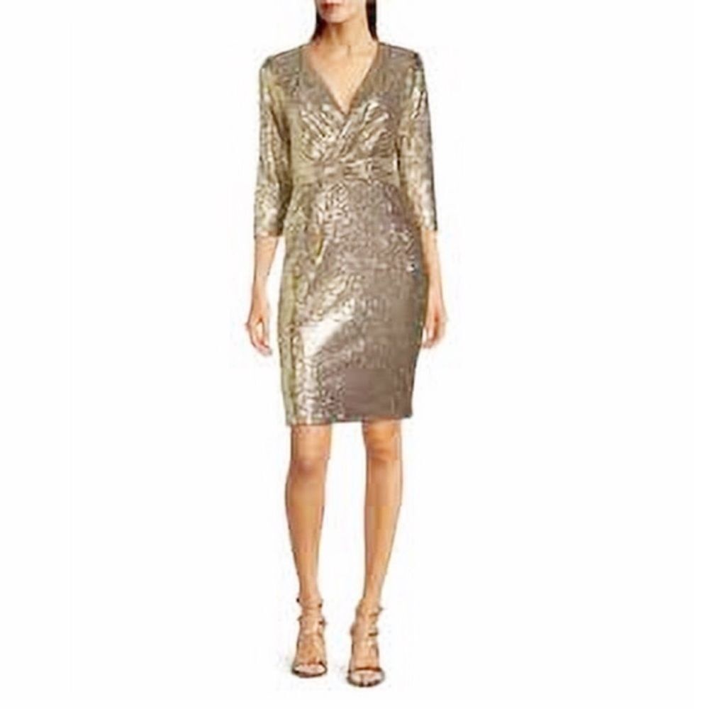CALVIN KLEIN Gold Sequin Cocktail Dress Party Knee Length Faux Wrap Size 2 New - Picture 2 of 12